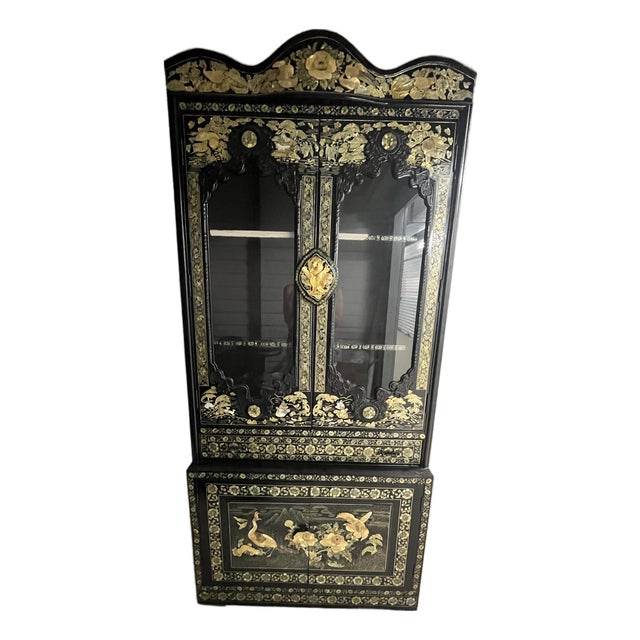 Vintage Korean 1960's Black Lacquer Chinoiserie Display Cabinet With Gilt Relief – 80” Tall Curio Vitrine For Sale