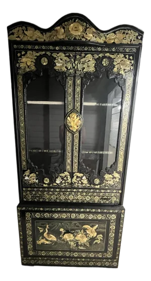 Vintage Korean 1960's Black Lacquer Chinoiserie Display Cabinet With Gilt Relief – 80” Tall Curio Vitrine