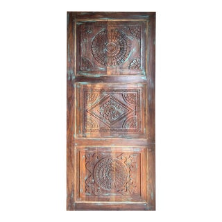 2000s Rustic Artisan Carved Wood Sliding Barn Door, 84x36 For Sale