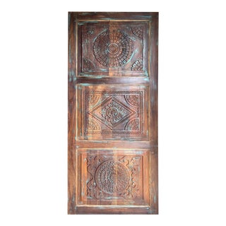 2000s Rustic Ornate Carved Wood Sliding Barn Door For Sale