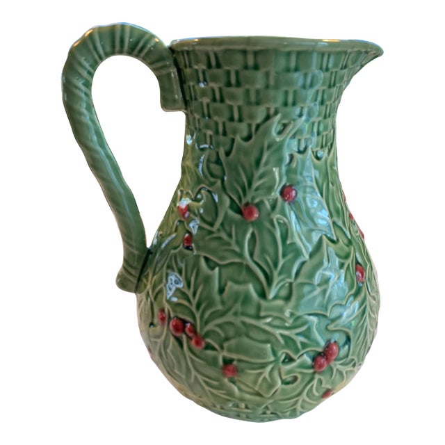 Green Majolica Holly Pitcher by Bordallo Pinheiro For Sale