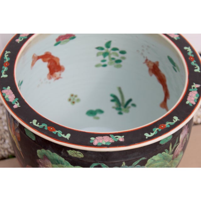 Large Antique Chinese Famille Noire Porcelain Fishbowl Jardinière With Wood Stand, C. 1920–1950 For Sale - Image 10 of 17