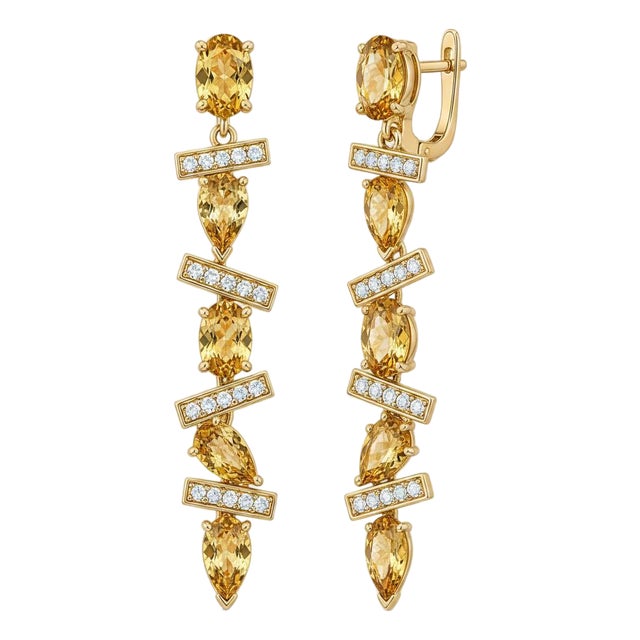 Modern Geometric Citrine Drop Earrings, Silver, Gold, Pair For Sale