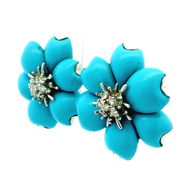 Circa 1980s Italian 18k White Gold Persian Turquoise and Diamond Floral Earrings For Sale - Image 9 of 12