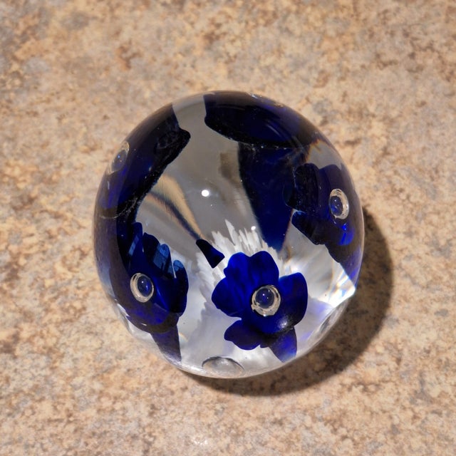 Blue 1990s Joe Rice Signed Art Glass Paperweight With Cobalt Blue Trumpet Lilies For Sale - Image 8 of 11