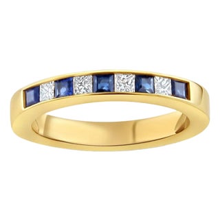 Half Carat Diamond Sapphire Wedding Band 14k Yellow Gold, Size 5 For Sale