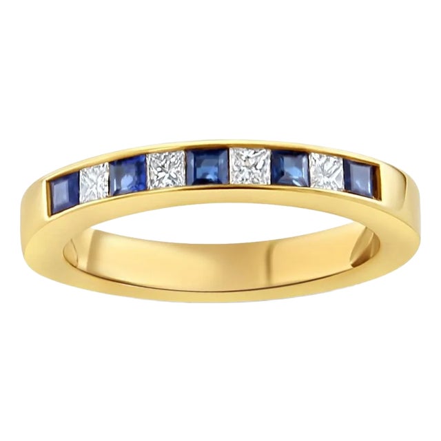 Half Carat Diamond Sapphire Wedding Band 14k Yellow Gold, Size 5 For Sale