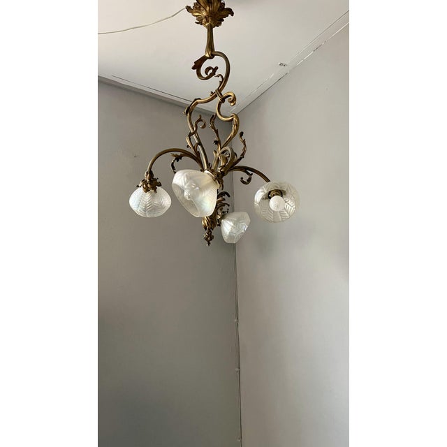 Art Nouveau Golden Chandelier with Frosted Glass Shades For Sale - Image 11 of 18