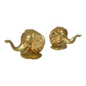 Vintage Handcrafted Brass Elephant Head Bookends, Pair