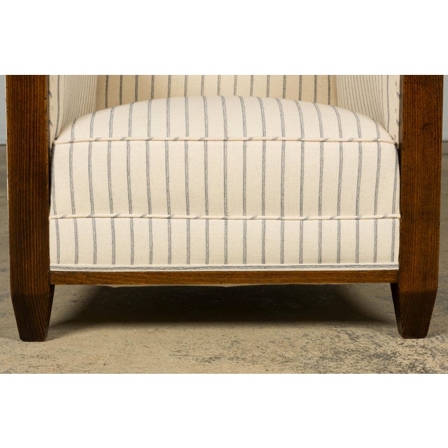 1930s Pair of 1930s French Art Deco Oak Lounge Chairs in Blue Striped Fabric For Sale - Image 5 of 17