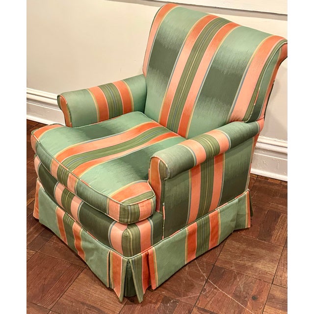 Green Green & Coral Striped Upholstered Club Chair, Palm Beach Style For Sale - Image 8 of 12