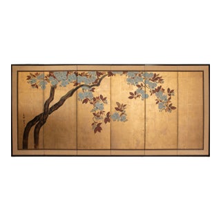 C. 1970s Chinese Six Panel Gold Leaf Painted Screen "Blossoming Plum Tree" For Sale