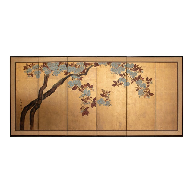 C. 1970s Chinese Six-Panel Gold Leaf Style Painted Screen "Blossoming Plum Tree" For Sale