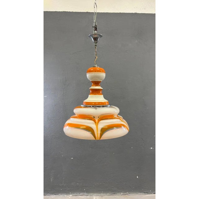 Metal Italian Art Glass Pendant Lamp in Orange and White, 1970s For Sale - Image 7 of 9