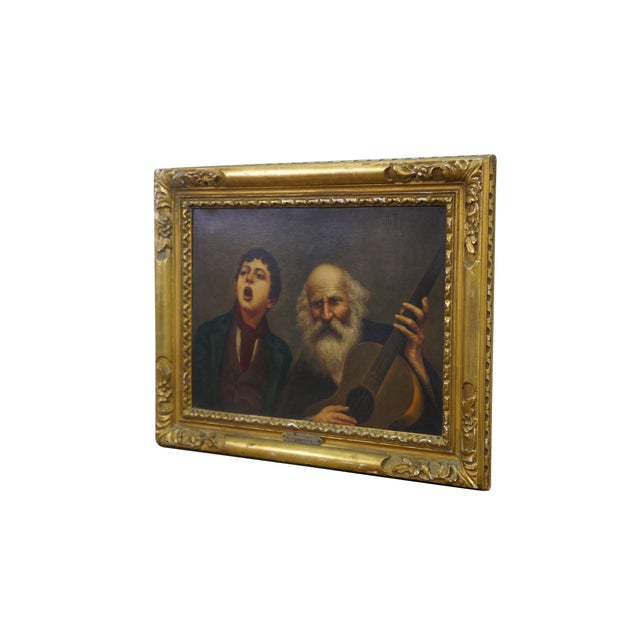 This oil-on-canvas genre painting, titled "Street Singer" by artist R. Figarios (Italian, 1875–1948), is a poignant early...
