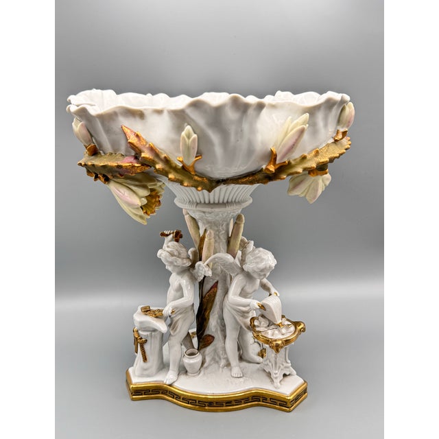 Ceramic Large Cherub Compote French Inspired Porcelain 12” Vintage For Sale - Image 7 of 10