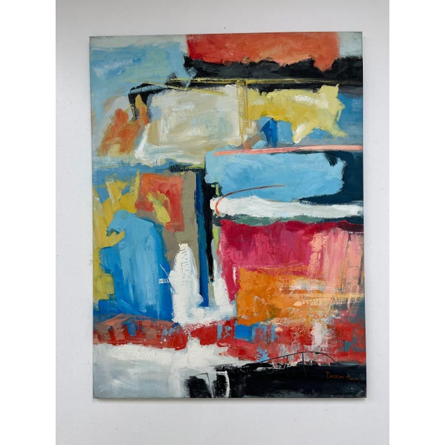 A bold and expressive original oil painting on canvas featuring dynamic color blocks and confident brushwork. Rich reds...