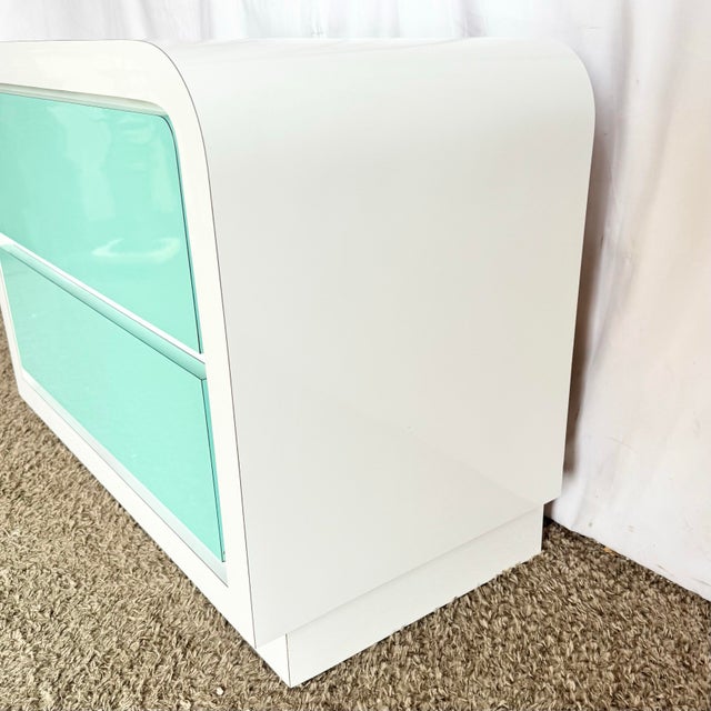 1980s 1980s Postmodern White and Turquoise Lacquer Laminate Waterfall Nightstand For Sale - Image 5 of 7