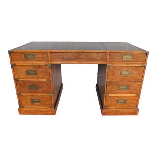 Baker Milling Road Campaign Style Walnut Tooled Leather Top Desk 55w For Sale