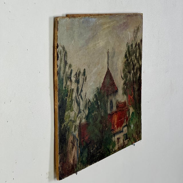 French Country Early 20th Century Charming Salvaged Oil/Board Painting of European Village Countryside Scene With Rich Colors For Sale - Image 3 of 6