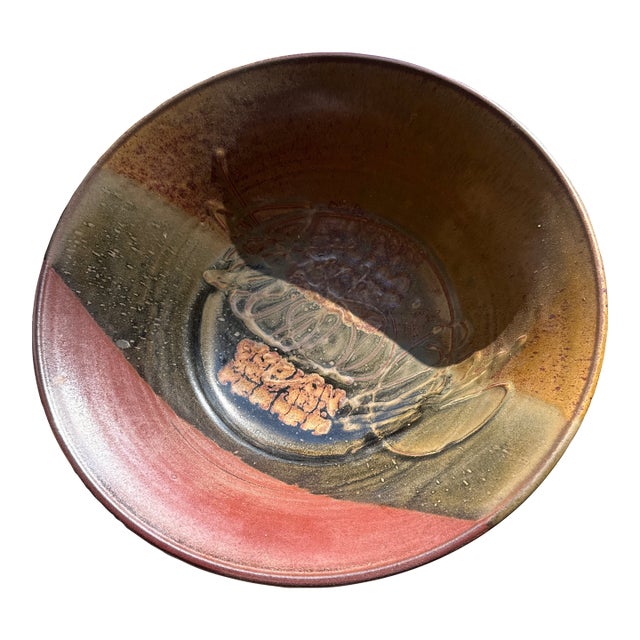 1970s Hand Made Earth Tone Large Pottery Decorative Bowl For Sale