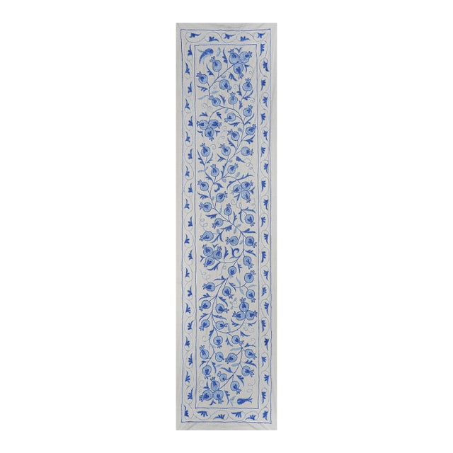 Cotton Suzani Decor, Floral Blue Suzani Table Runner For Sale