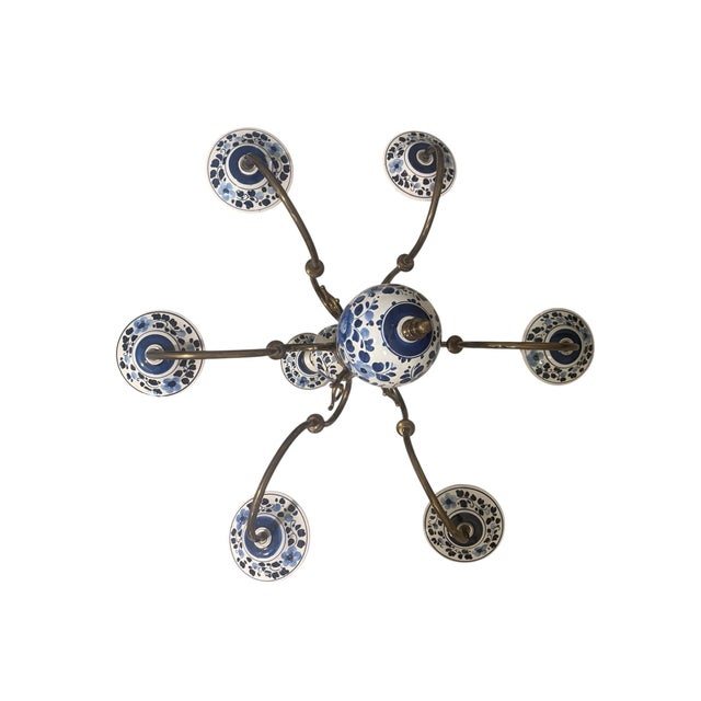 Mid 20th Century Delft Blue & White Porcelain Floral Hanging Chandelier Light Fixture 6 Arm For Sale - Image 9 of 10