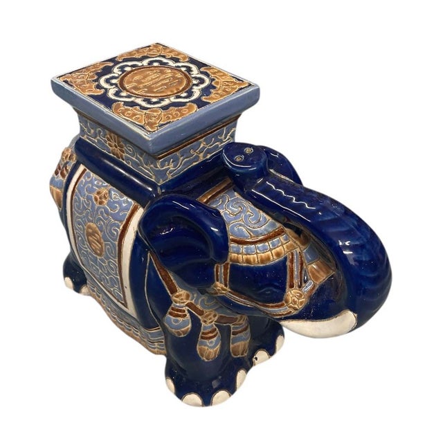 2000 - 2009 Vintage Cobalt Blue & Gold Ceramic Elephant Garden Stool / Drinks Table For Sale - Image 5 of 8