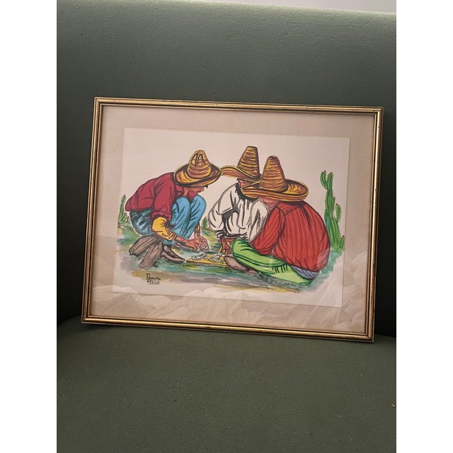 Paper Mexican Art. Mexican Signed Framed Vibrant Wall Water Colour Print Decor For Sale - Image 7 of 8