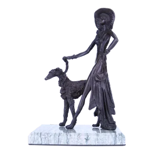 1920s Art Deco Bronze Lady Walking Her Borzoi Dog Sculpture