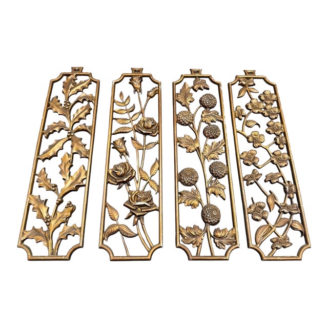 Mid 20th Century Set of Four 20" Hollywood Regency Gilt Botanical Wall Plaques by Sexton For Sale