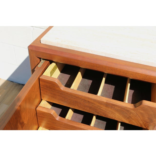 1970s Dunbar Mid-Century Modern Walnut Credenza / Sideboard With Travertine Top For Sale - Image 13 of 18