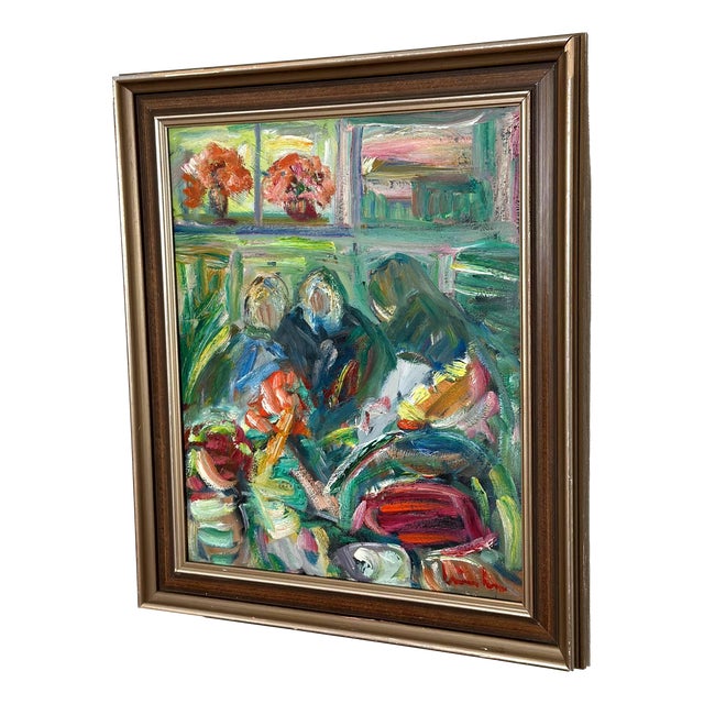 Erik Lo, Interior with Figures, 1960s, Oil on Canvas, Framed For Sale