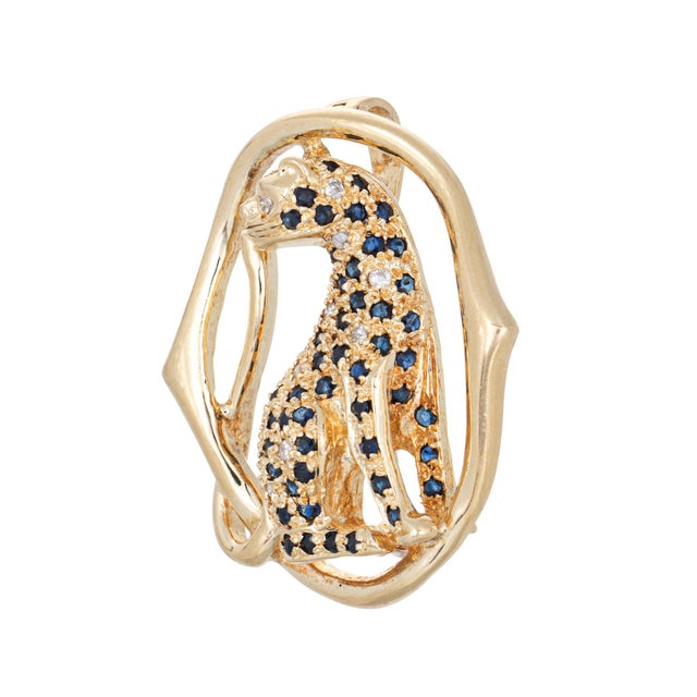 Modern 1970s Vintage Panther Pendant Diamond Sapphire 14k Yellow Gold Animal Jewelry For Sale - Image 3 of 5