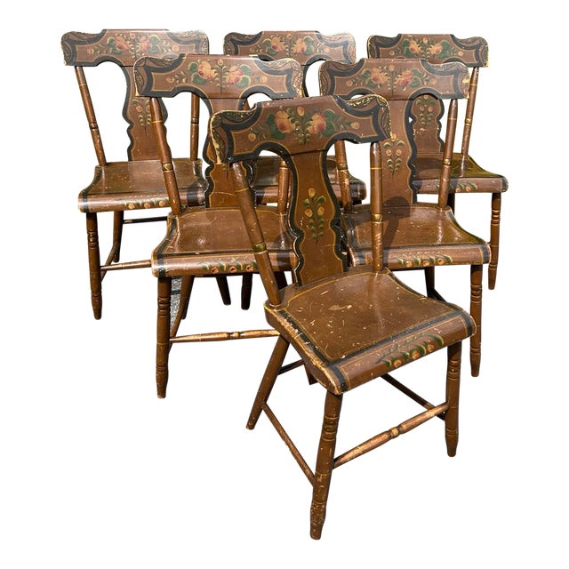 Signed Set of 6 Paint Decorated Plank Seat Chairs, Columbia, Pa Circa 1870s For Sale