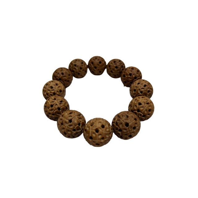 1980s Natural Sandalwood Pattern Carving Beads Hand Rosary Praying Bracelet For Sale - Image 5 of 7