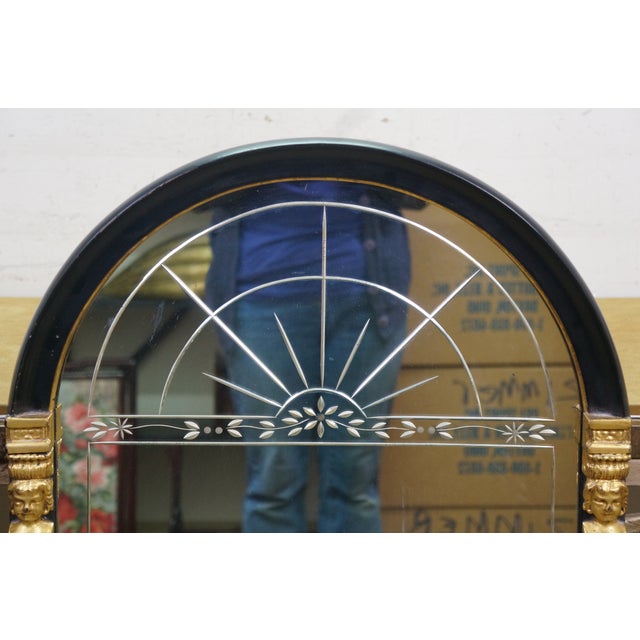Antique Egyptian Revival Black & Gold Etched Arched Vanity Mirror Venetian 40" For Sale - Image 4 of 16