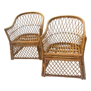 Mid Century Rattan Lounge Chairs Set of 2 For Sale
