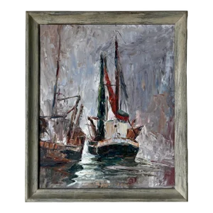1980's Mary Roffens Fishing Boat Scene Oil Painting, Frame