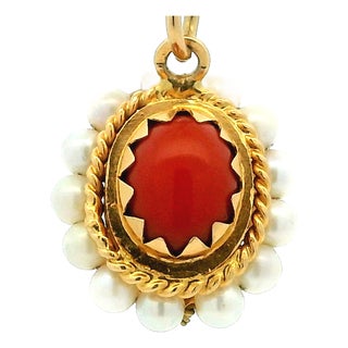 Italian Coral and Pearl Pendant in 18k Gold – Torre Del Greco, 1970s For Sale