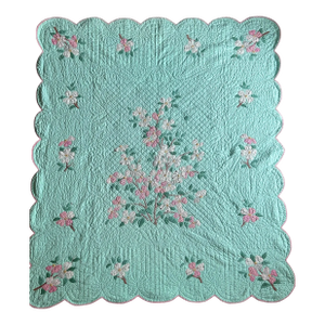 Vintage Handmade Floral Appliqué Quilt Blue Pink & White 72” X 84”
