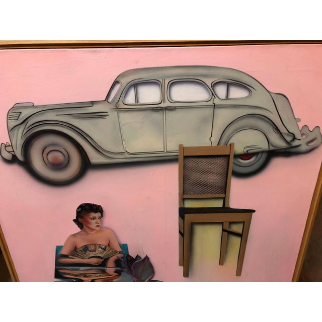 Pop Art Joshua Griffit, Israeli Pop Art Large Vintage Antique Auto Pink Oil Painting Americana 1989 For Sale - Image 3 of 7