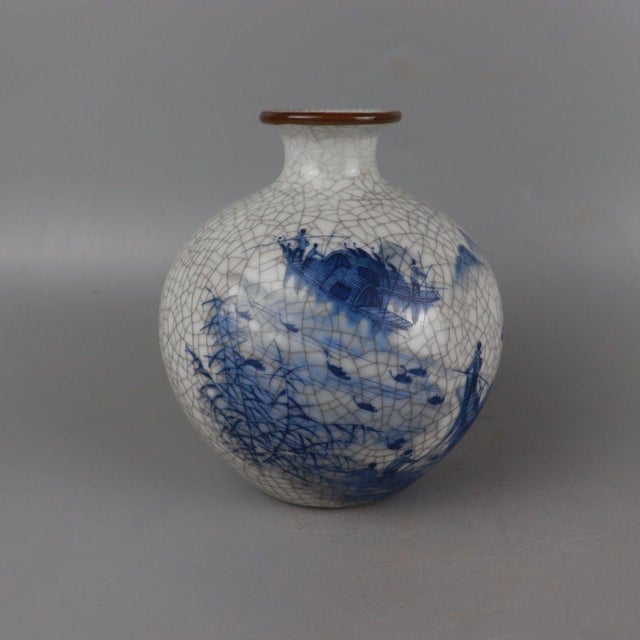 Vintage Chinese Crackle Glaze Blue & White "Jiangnan Water Town" Landscape Vase For Sale - Image 4 of 7