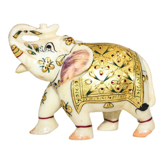 Vintage White Marble Jeweled Elephant Sculpture Paper Weight For Sale