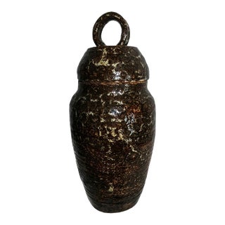 Mid-Century Modern Brutalist Studio Pottery Lidded Storage Jar - Signed J T - Urn For Sale