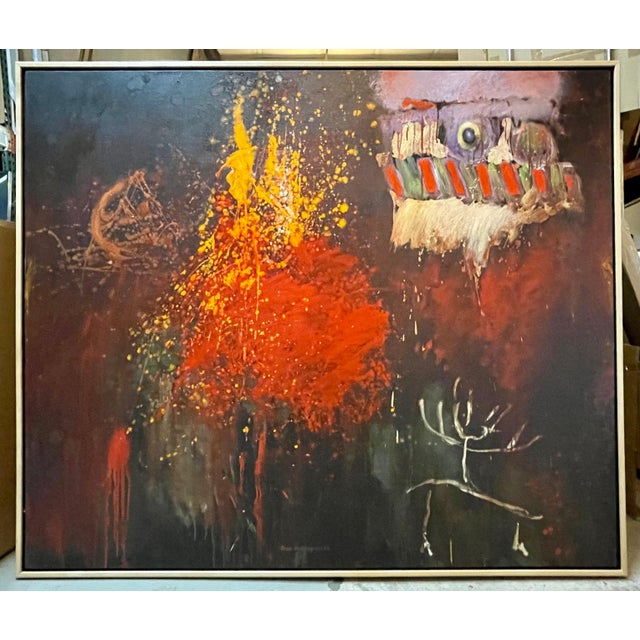 Red Roger Van Ouytsel, Large Abstract Oil Painting Belgian American Artist Roger Van Ouytsel Menorah, 1987 For Sale - Image 8 of 15
