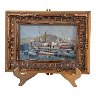 Antique French Oil on Board of Boats in Harbor For Sale