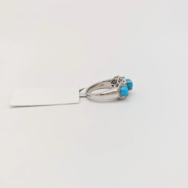 Early 21st Century Turquoise Cabochon and White Diamond Three Stone Ring in Platinum, size 5.75 For Sale - Image 5 of 7