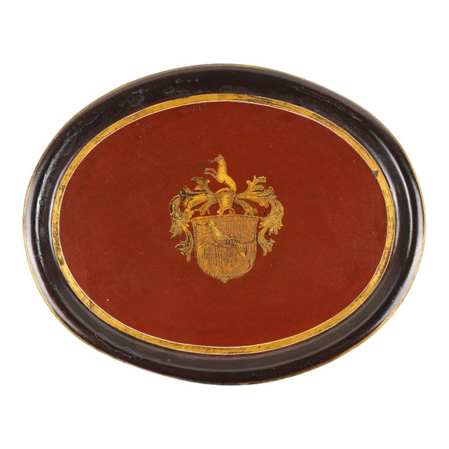 Continental Oval Tole Tea Tray With Gilt Armorial, 1825-50 For Sale
