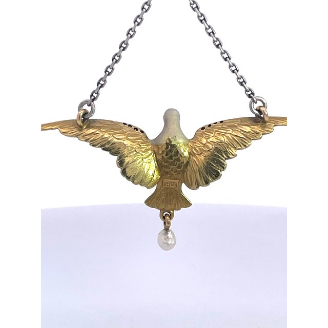 Cream Art Nouveau 18k Gold Enamel Dove Necklace With Diamonds & Ruby, 1910 For Sale - Image 8 of 12